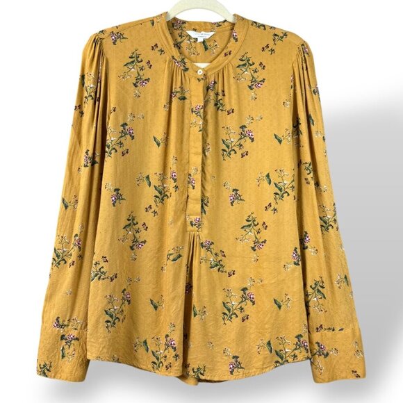 Lucky Brand Blouse Womens Sz L Yellow Floral Manderine Collar1/2 Button LS - Picture 1 of 12